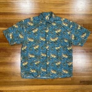 Morro Bay Mens Button Up Hawaiian Shirt Large Blue Fish Print Short Sleeve Beach